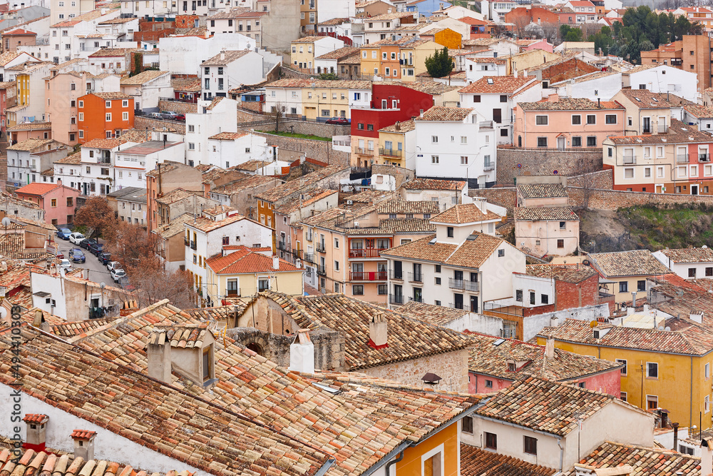 Traditional multi colored houses in Cuenca world heritage old town. Spain