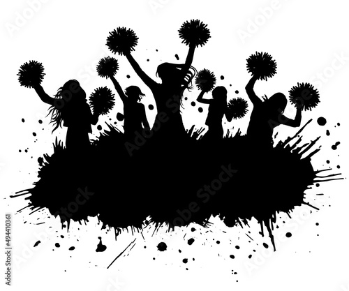 Silhouette of cheerleaders with pompoms and grunge blots, elements. Cheerleading sport. Vector illustration