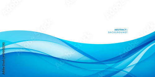 Vector wavy abstract geometric background, blue flow hoizontal banner. Trendy gradient shapes composition