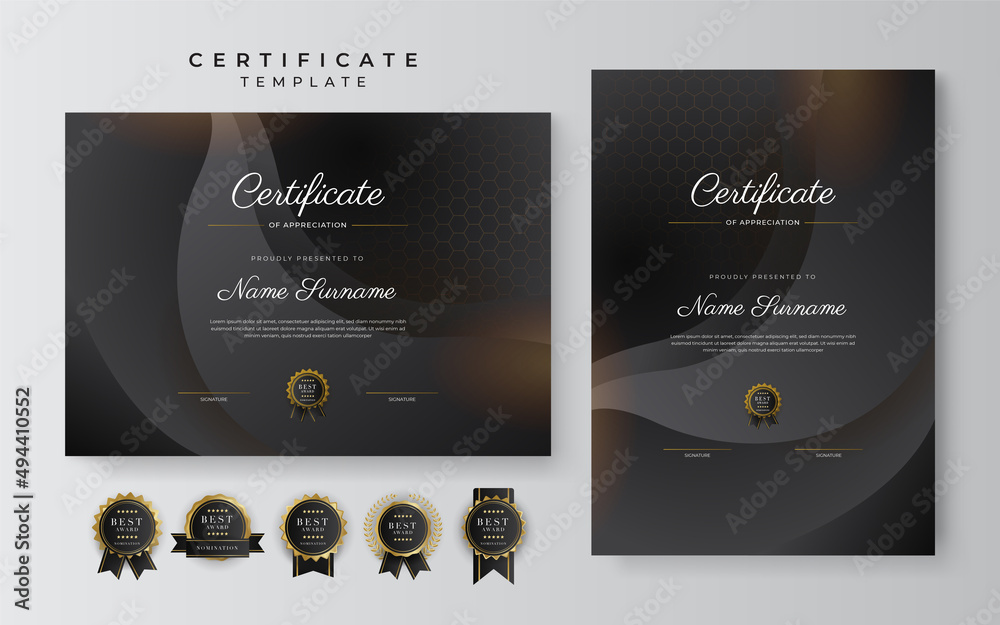 Black and gold certificate of achievement template with gold badge and ...