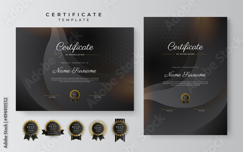 Black and gold certificate of achievement template with gold badge and border