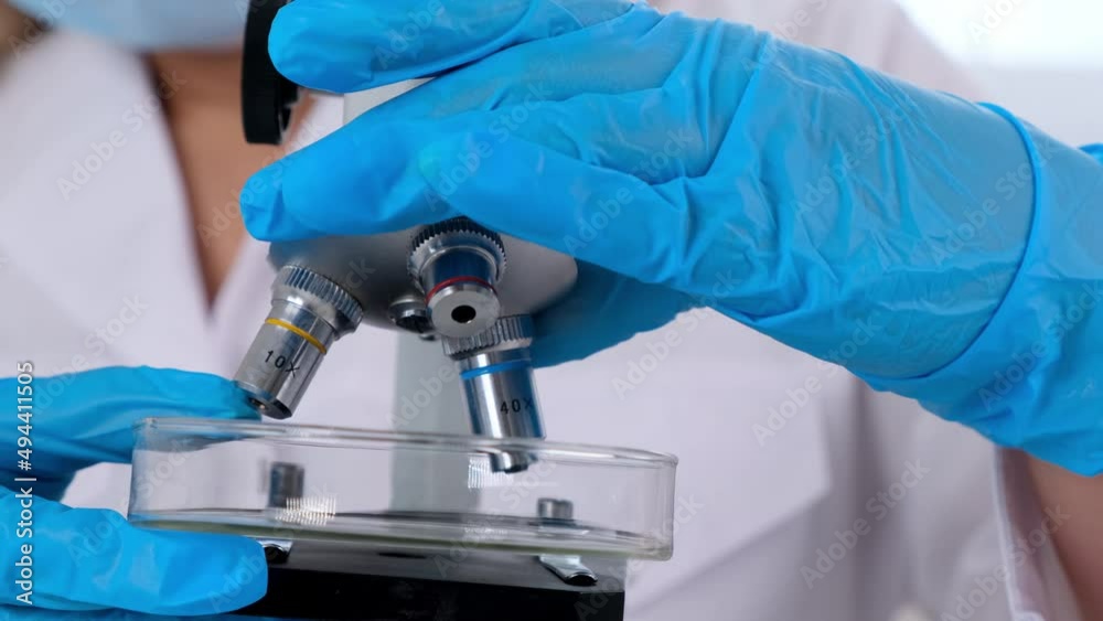 Hands of a researcher laboratory assistant in protective gloves holding a microscope in the laboratory, close up. Hands of a researcher laboratory assistant in protective gloves holding a microscope in the laboratory, close up.
