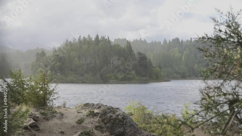 Moreno lake and dense alpine forest along its shore on cloudy day photo