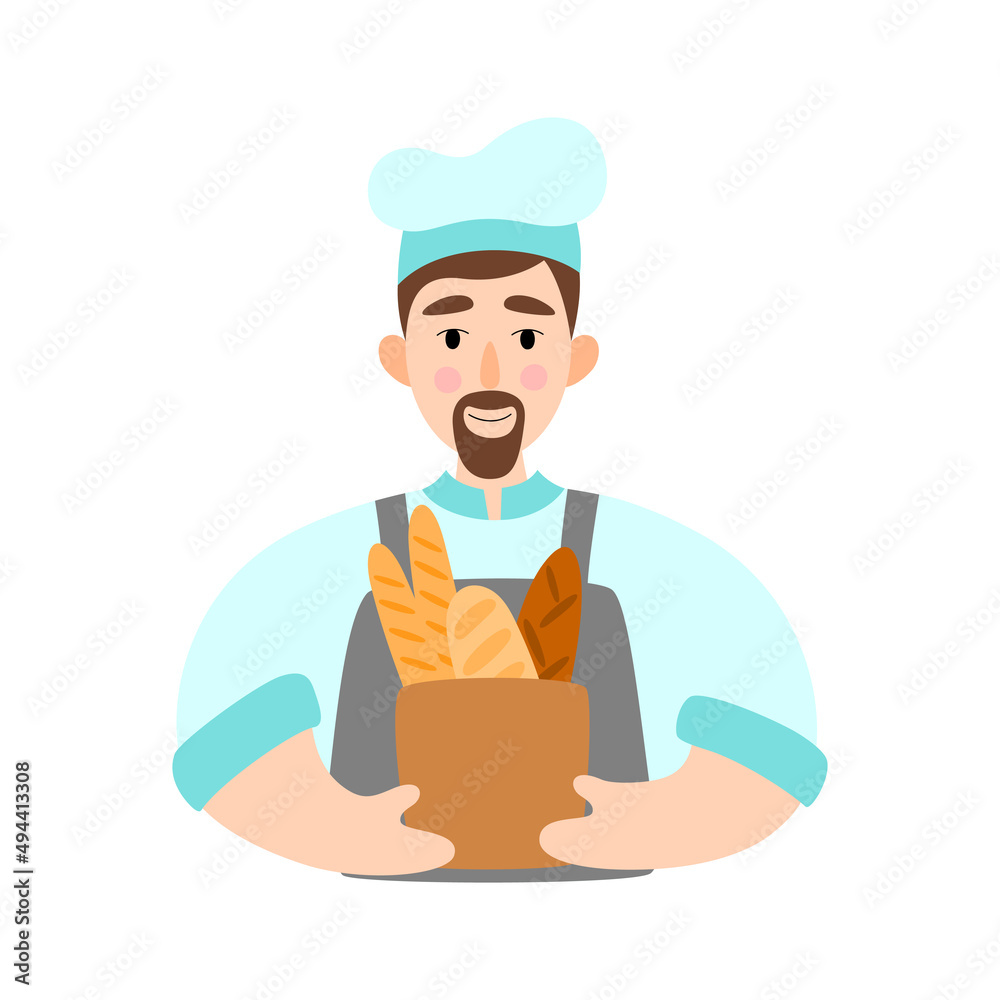 Baker in professional uniform and chef hat holding baguettes and bread. Cooking Illustration in a flat style. Baker in professional uniform and chef hat holding baguettes and bread. Cooking Illustration in a flat style.