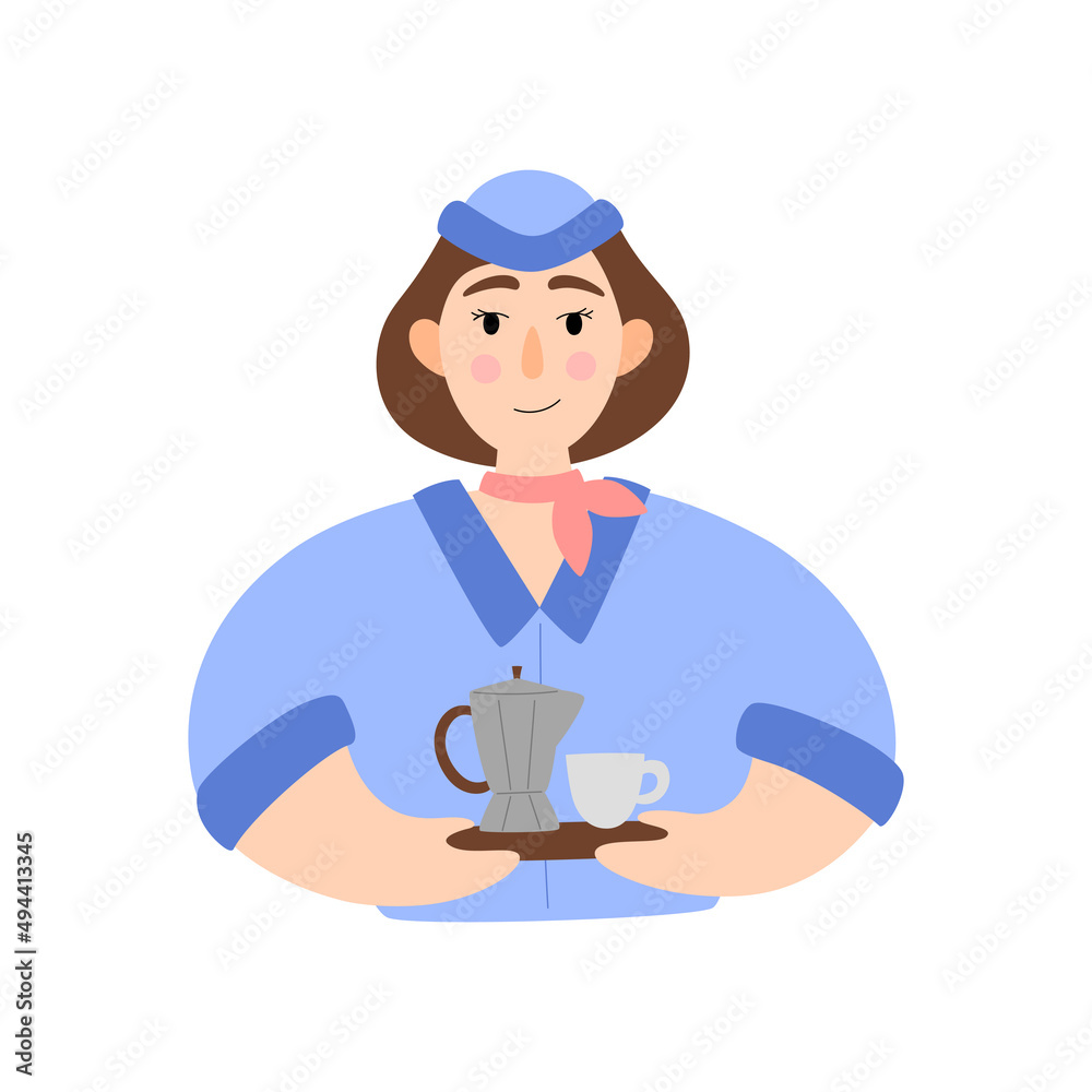 Flight attendant with coffee and a cup on a tray. Stewardess character Illustration in a flat style. Flight attendant with coffee and a cup on a tray. Stewardess character Illustration in a flat style.