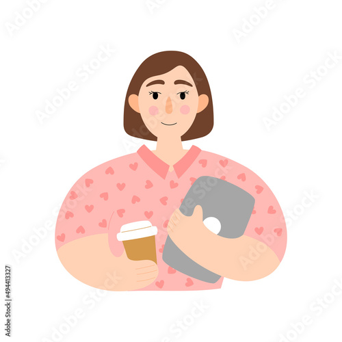 Lady with laptop and coffee. Business woman character Illustration in a flat style.