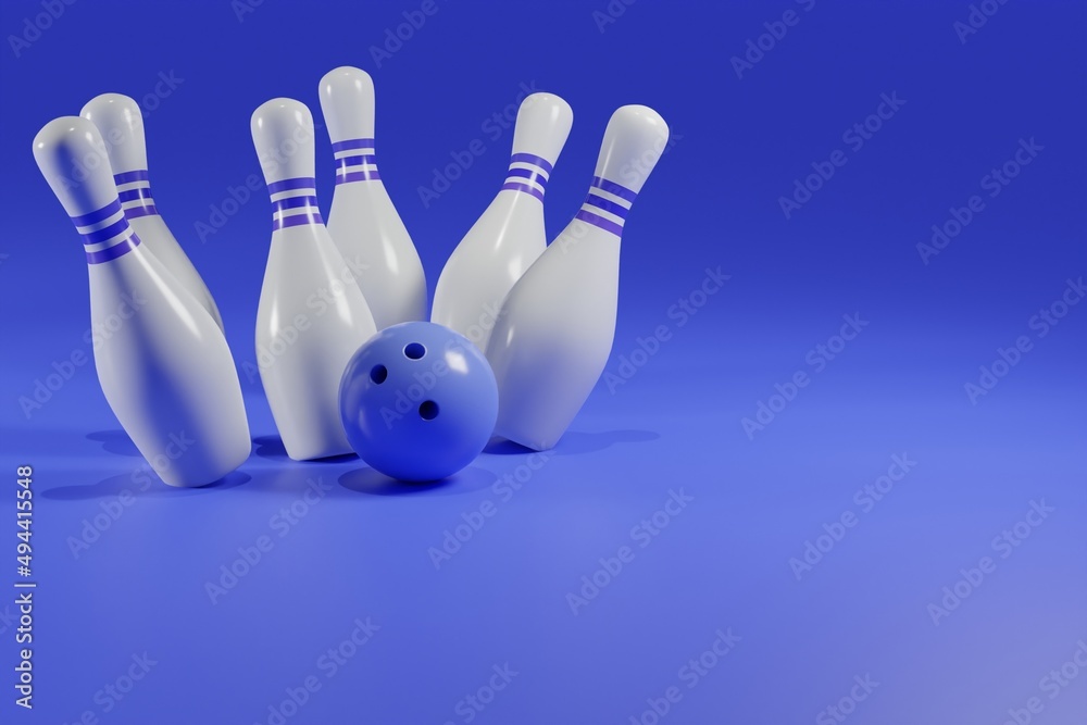 3D rendering illustration blue ball and scattered white skittles isolated on blue background. Realistic game set. 3D rendering illustration blue ball and scattered white skittles isolated on blue background. Realistic game set.