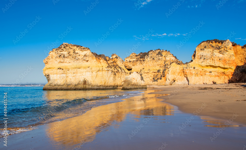 Panoramic view of beautiful beach and sea, Lagos in Algarve, Portugal