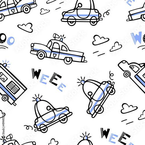 Seamless pattern of retro police cars. Vector doodle illustration for boys in scandinavian style. The police siren is wailing. Transport, car fly in the clouds. For packaging, fabric, background.