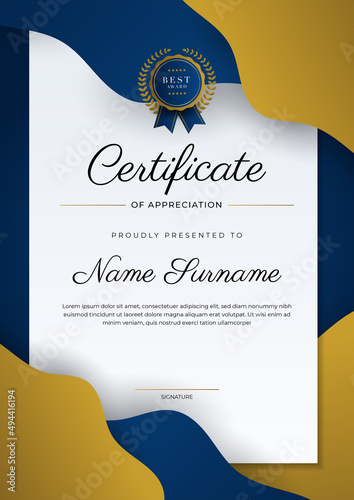 Certificate of appreciation template, gold and blue color. Clean modern certificate with gold badge. Certificate border template with luxury and modern line pattern. Diploma vector template