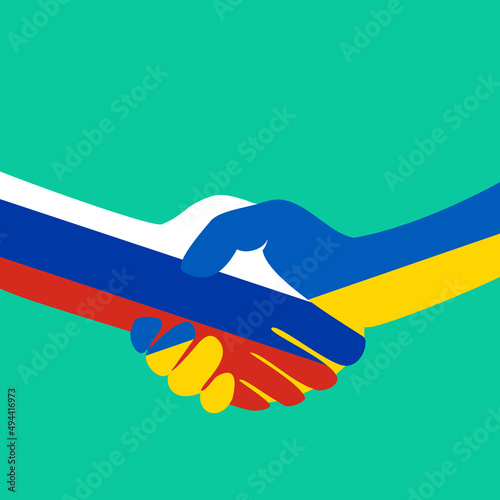 Conflict Ukraine-Russia. Flags of Russia and Ukraine. Reconciliation, truce in Ukraine. Peace talks, negotiations. Handshake logo. Vector illustration. EPS10.