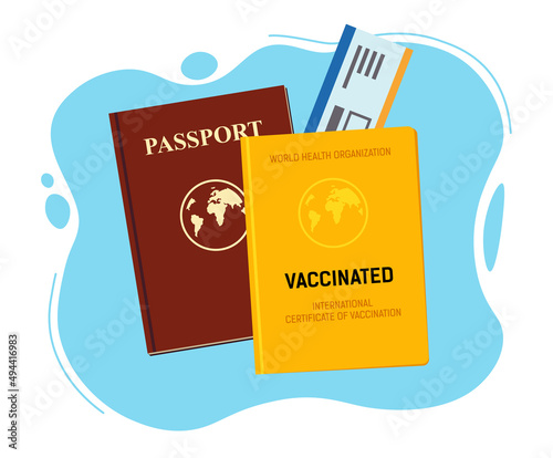 Immune certificate and international passport with air ticket. Vaccine passport