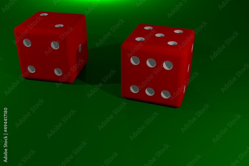 3d illustration. 3d rendered two red dice on green background