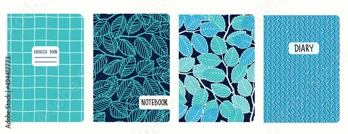 Set of cover page templates with elm tree branches and leaves. Based on seamless patterns. Headers isolated and replaceable. Perfect for school notebooks, diaries