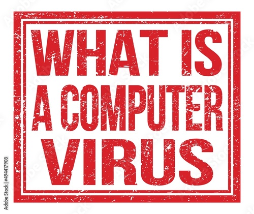 WHAT IS A COMPUTER VIRUS, text on red grungy stamp sign
