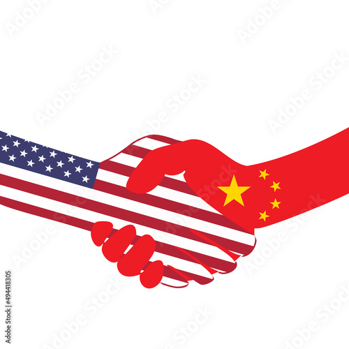 Handshake logo. Flags of USA and China. Economic cooperation. Partnership, frienship. Vector illustration. EPS10.