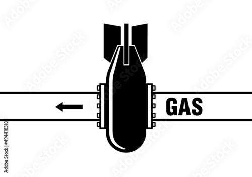 The bomb blocks the natural gas supply pipe. Political poster. Black and white graphics