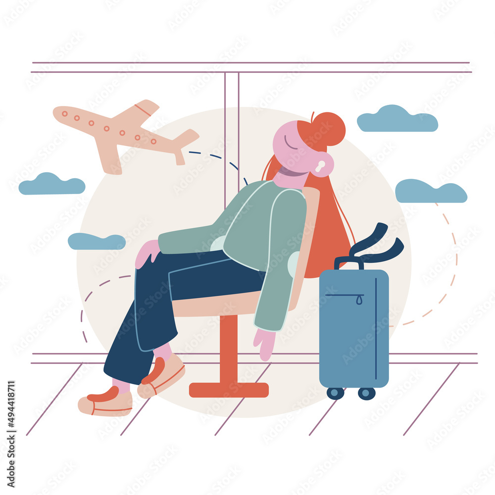 Vector flat cartoon illustration. Young girl is sitting at the airport in the waiting room. Waiting for the plane.