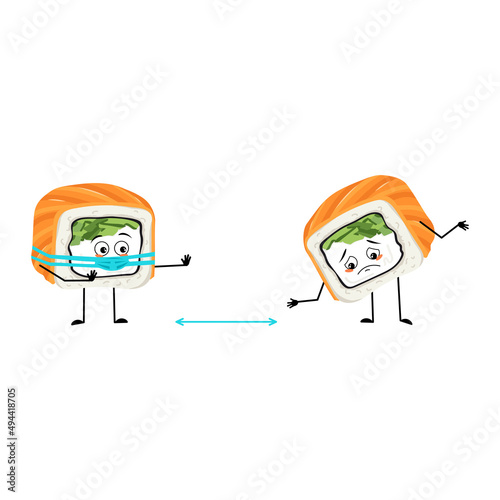 Sushi character with sad emotions, face and mask keep distance, arms and legs. Person with care expression, asian food emoticon. Vector flat illustration