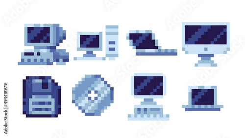 Computers and laptops pixel art set. Vintage devices, monitors, pc   collection. 8-bit sprite. Game development, mobile app.  Isolated vector illustration.