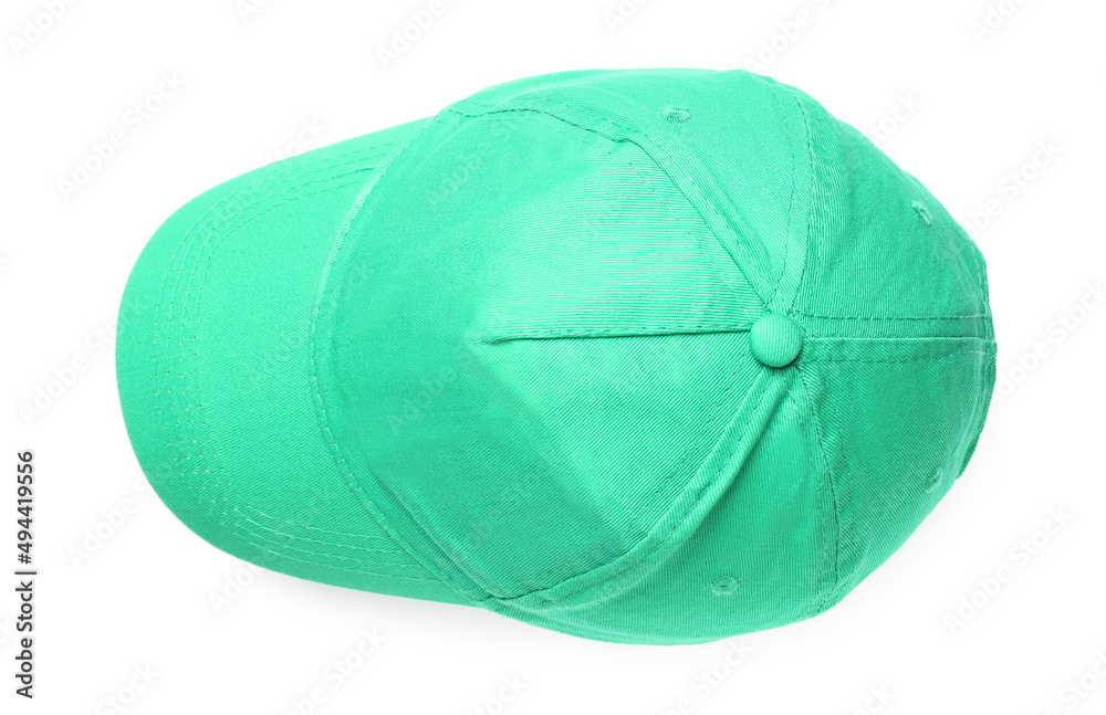 Stylish green baseball cap on white background, top view Stylish green baseball cap on white background, top view