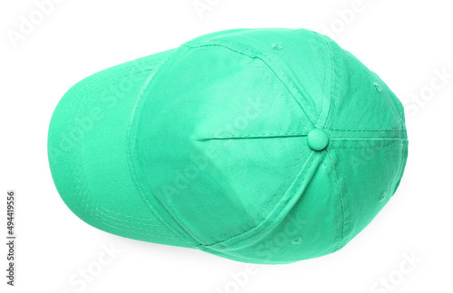 Stylish green baseball cap on white background, top view