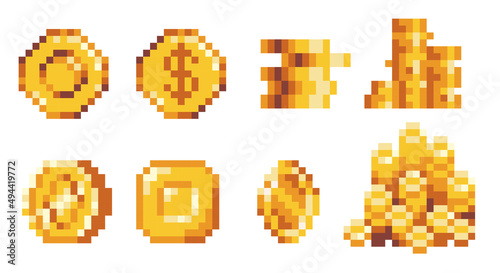 Golden coins pixel art set. Medals, treasure reward, stack of money collection. 8-bit sprite. Game development, mobile app.  Isolated vector illustration.