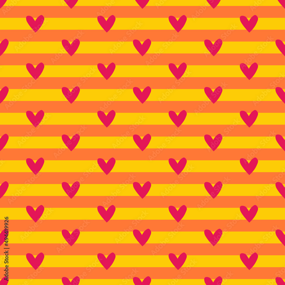 Yellow and orange stripes with pink hearts seamless pattern. Yellow and orange stripes with pink hearts seamless pattern.