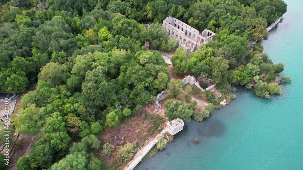 Drone shot of Butrint National Park, in the south of Albania. Here you see the archelogical site of the church and bath house. Drone shot of Butrint National Park, in the south of Albania. Here you see the archelogical site of the church and bath house.