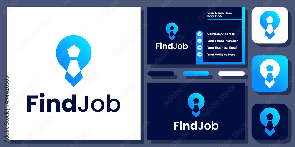Find Job Tie Location Pin Map Recruitment People Worker Vector Logo Design with Business Card Find Job Tie Location Pin Map Recruitment People Worker Vector Logo Design with Business Card