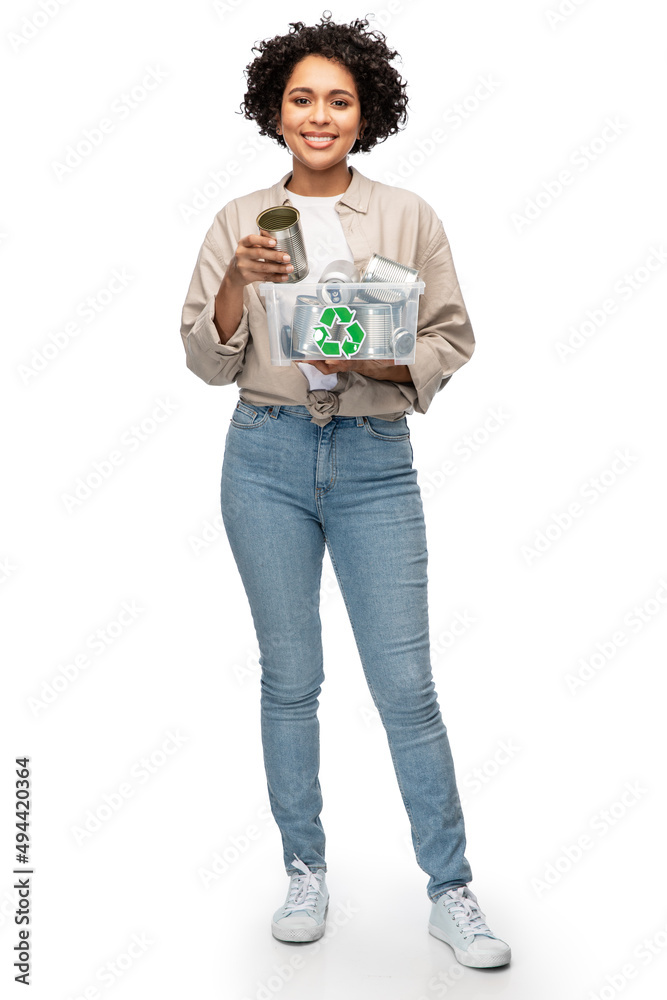 metal recycling, waste sorting and sustainability concept - happy woman holding plastic box with tin cans over white background metal recycling, waste sorting and sustainability concept - happy woman holding plastic box with tin cans over white background