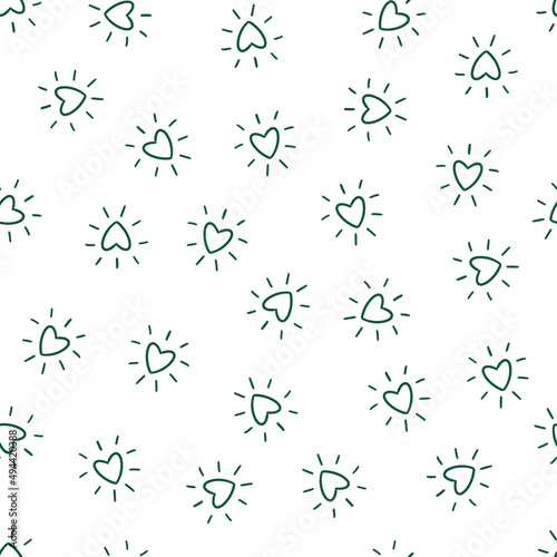 White seamless pattern with green outline hearts with rays.