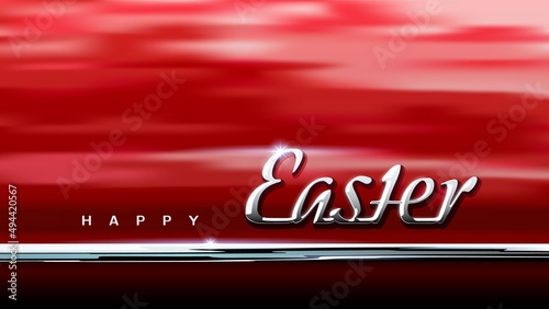 Happy Easter. Easter card in car style. Shiny chrome logo on background of red car body with reflection. Auto theme. Greeting card for custom, spare parts suppliers, dealers. Vector illustration