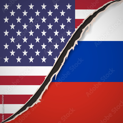 Conflict USA-Russia. Flags of USA and Russia. Relationship breakup. Nail trace. Ragged edges. Claw animal track. Vector illustration. EPS10.