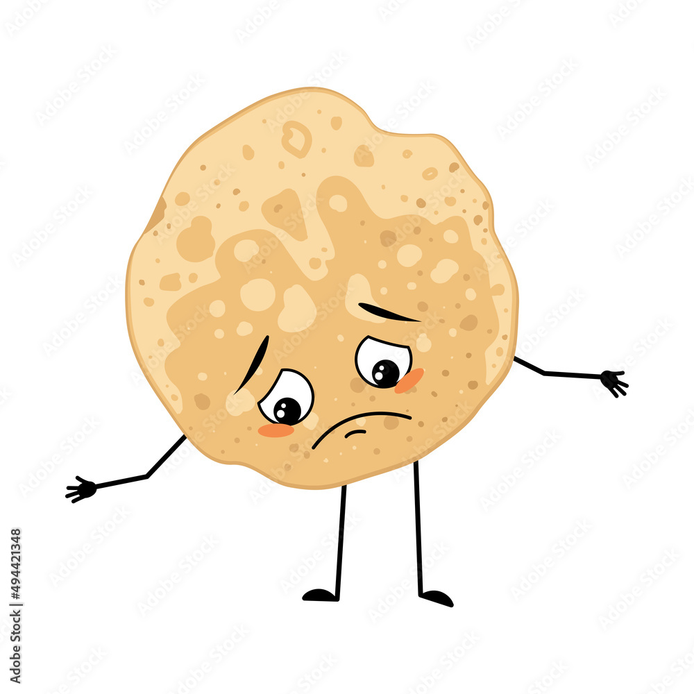 Obraz premium Pancake character with sad emotions, depressed face, down eyes, arms and legs. Baking person, homemade pastry with melancholy expression. Food emoticon for carnival or Maslenitsa