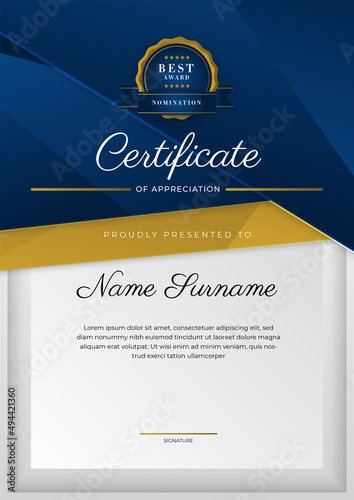 Certificate of appreciation template, gold and blue color. Clean modern certificate with gold badge. Certificate border template with luxury and modern line pattern. Diploma vector template
