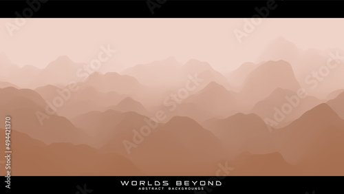 Abstract beige landscape with misty fog till horizon over mountain slopes. Gradient eroded terrain surface. Worlds beyond.