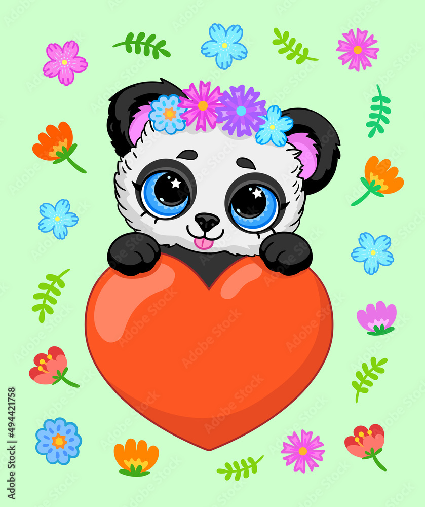 Cute panda bear with red heart and flowers on green background. Illustration for Valentine's day Cute panda bear with red heart and flowers on green background. Illustration for Valentine's day
