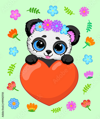 Cute panda bear with red heart and flowers on green background. Illustration for Valentine's day