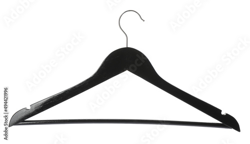 Empty wooden hanger isolated on white. Wardrobe accessory