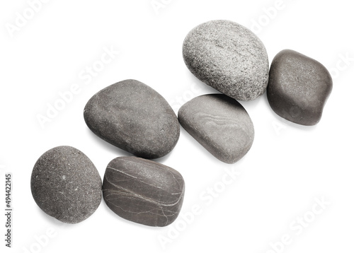 Photography Group of different stones on white background, top view