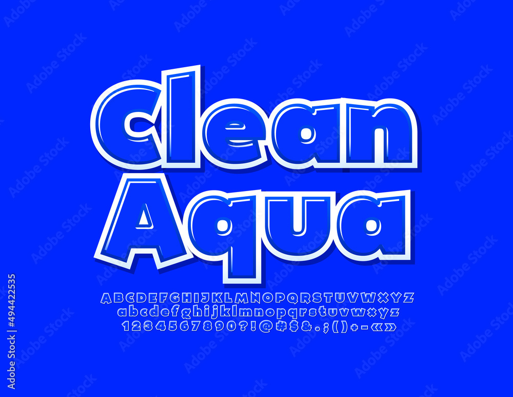 Vector creative Emblem Clean Aqua. Glossy Blue Font. Modern Alphabet Letters and Numbers