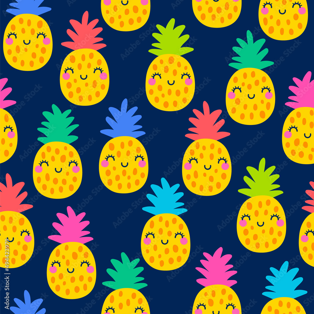 Colorful cartoon pineapple seamless pattern background.