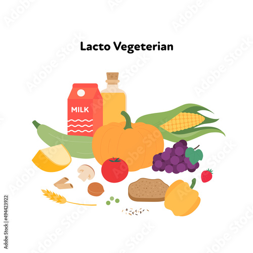 WebFood plate example concept. Vector flat illustration. Lacto vegetarian diet symbol isolated on white background. Veggies, fruit, dairy, milk and cereal color sign set.