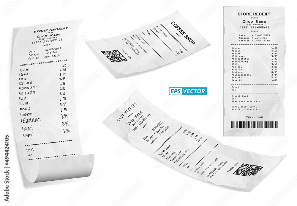 Naklejka premium set of realistic cash register sales receipt isolated or cash receipt printed white paper or printout thermal rolled paper. eps vector