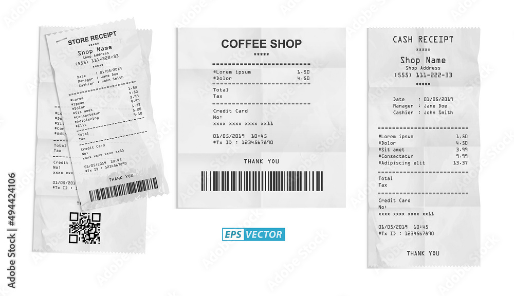 set of realistic cash register sales receipt isolated or cash receipt printed white paper or printout thermal rolled paper. eps vector - obrazy, fototapety, plakaty 