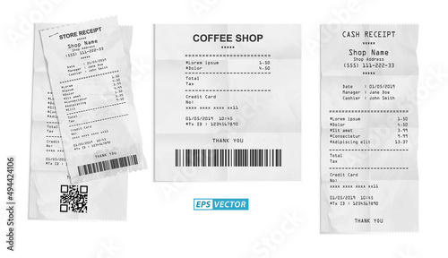 set of realistic cash register sales receipt isolated or cash receipt printed white paper or printout thermal rolled paper. eps vector