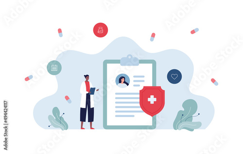 Healthcare concept. Vector flat character illustration. African female doctor with patient medical record card isolated on white background. Medicine pills, shield protection symbol.