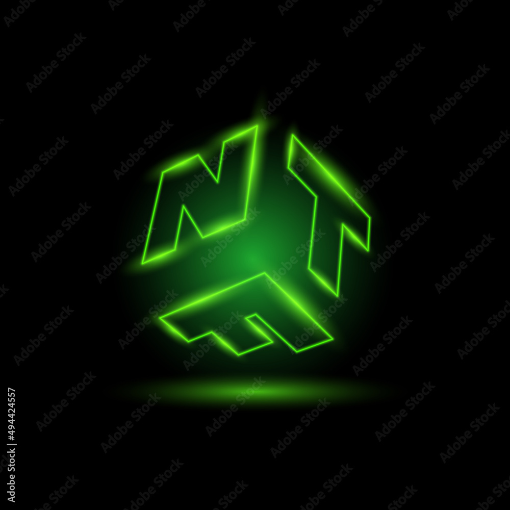 Green Neon NFT text icon. NFT Abbreviation on the faces of a 3D cube figure with laser projection. Green Neon NFT text icon. NFT Abbreviation on the faces of a 3D cube figure with laser projection.