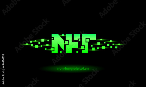 Green neon NFT text banner with square pixel particles around. Virtual banner with NFT logo abbreviation.